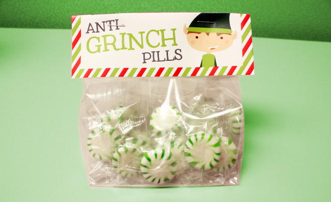 Anti Grinch Pills free printable label is a perfect Christmas favor idea