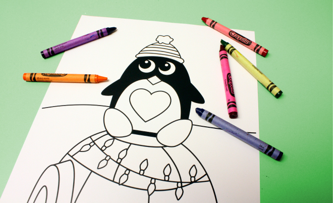 Christmas coloring page featuring a CHARM IT! Penguin on www.thecharmitspot.com