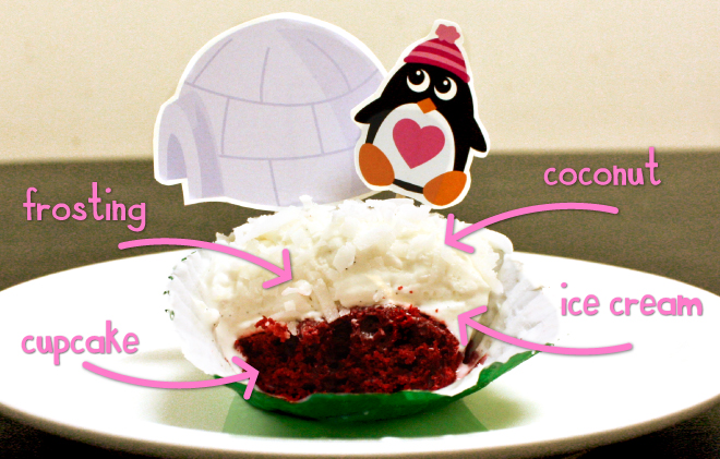Ice cream cupcake recipe with coconut snow and penguin cupcake topper on www.thecharmitspot.com 