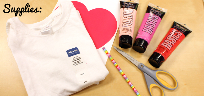 Supplies for DIY Eraser Painted Valentine’s Day Heart T-Shirt 