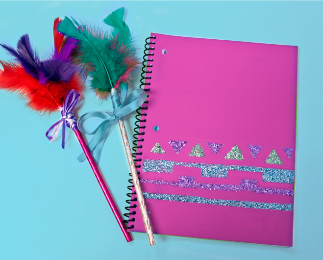 Glitter notebook and feather pencils craft for girls 